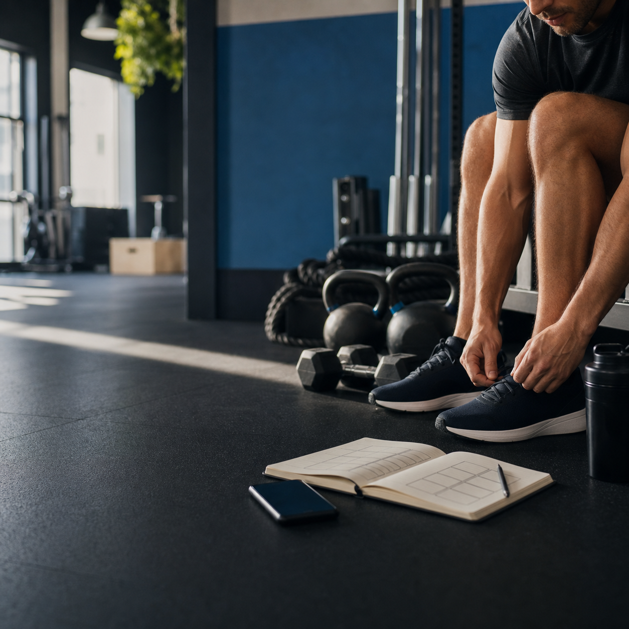 A gym member tying shoes beside a weekly training notebook