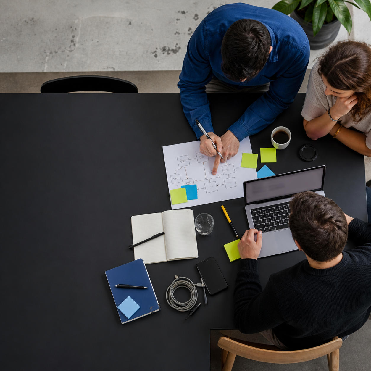 An operations team mapping a workflow around a table