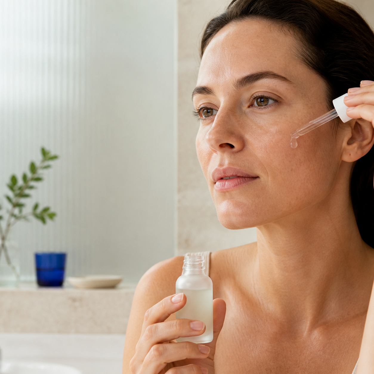A woman applying a clear facial serum in natural light