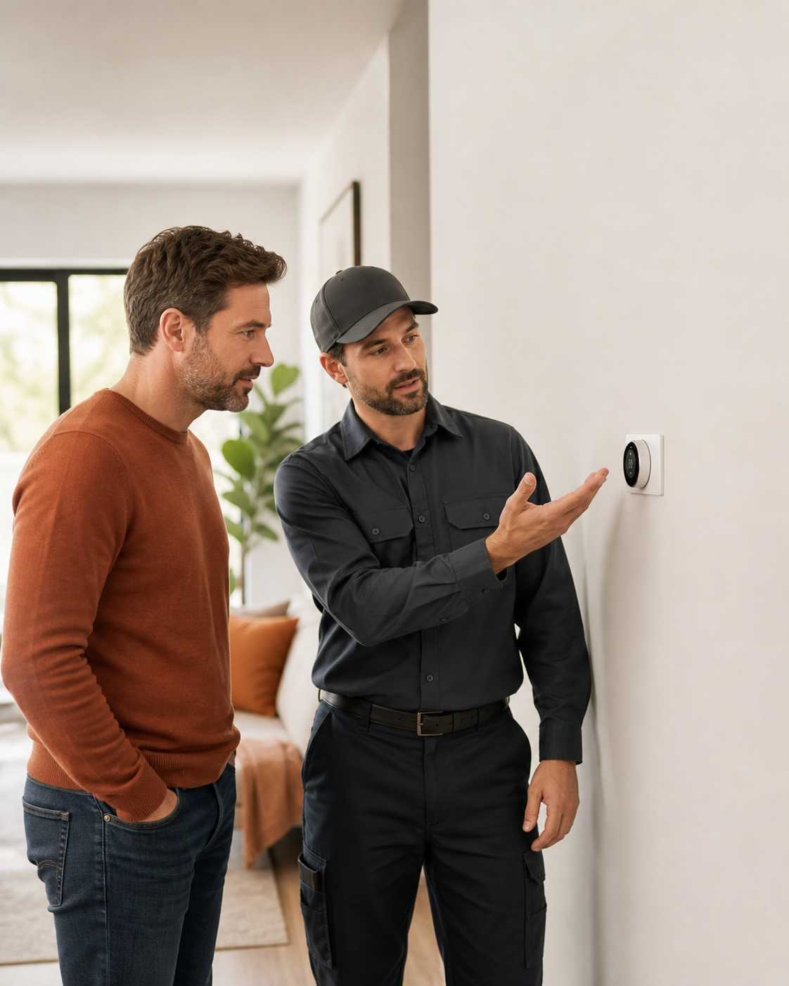 Technician explaining a thermostat to a homeowner